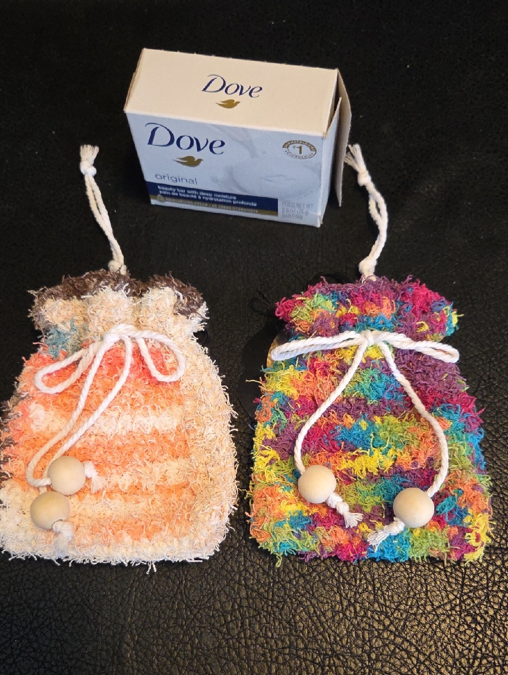 Handmade Crochted Set Of Two Scruffy Textured Soap Pouches -